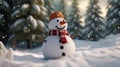 3d rendering of a snowman in winter forest with snowfall Generative AI