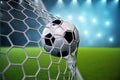 3d rendering soccer ball in goal. Soccer ball in net with spotlight and stadium light background, Success concept