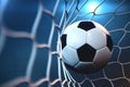 3d rendering soccer ball in goal. Soccer ball in net with spotlight or stadium light background, Success concept