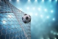 3d rendering soccer ball in goal. Soccer ball in net with spotlight and stadium light background, Success concept