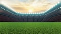 3D Rendering of soccer sport stadium, green grass during sunset with crowd of audience and bright led spot lights and white clouds