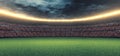 3D Rendering of soccer sport stadium, green grass during sunset with crowd of audience wearing red shirts