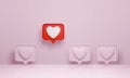 3d rendering, social media notification like heart icon in red speech bubble pin stand out from the crowd on pink background.