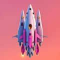 3D rendering space ship with rocket on pink background. generative AI Royalty Free Stock Photo