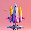 3D rendering space ship with rocket on pink background. generative AI Royalty Free Stock Photo