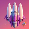 3D rendering space ship with rocket on pink background. generative AI Royalty Free Stock Photo