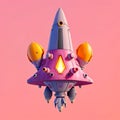 3D rendering space ship with rocket on pink background. generative AI Royalty Free Stock Photo