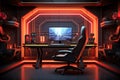 3D rendering of a spaceship interior with a gaming table and chairs, 3D rendering of a gaming room with a computer and a chair, AI Royalty Free Stock Photo