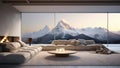 3D rendering of a spacious living room with comfortable furniture, fireplace and a snow mountain view. Royalty Free Stock Photo