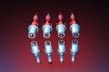 3D rendering. Spare parts spark plugs on multicolored background