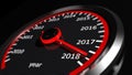 3D rendering of speedometer with 2018 closeup, on black