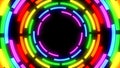 3d rendering. spinning glowing colorful circular rings tunnel hole on black background.