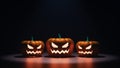 3D Rendering of spooky Halloween pumpkin face heads at night with glowing orange light and reflection on ground floor