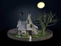3D rendering of spooky house and flying witch. Royalty Free Stock Photo