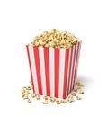 3d rendering of a square striped popcorn bucket with popcorn overflowing of it.