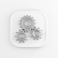 3D rendering square white button icon, chrome gears isolated on white background