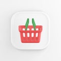 3d rendering square white button icon, red supermarket shopping basket, isolated on white background Royalty Free Stock Photo