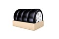 3D Rendering of Car Tire in Shopping Order Box on White Royalty Free Stock Photo