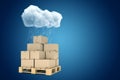 3d rendering of stack of cardboard boxes on wooden pallet standing under raining cloud on blue gradient background with Royalty Free Stock Photo