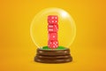 3d rendering of stack of four red dice inside snowglobe on amber background. Royalty Free Stock Photo