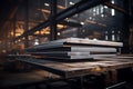 3D rendering of a stack of metal sheets on a table in a factory Royalty Free Stock Photo