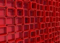 3d rendering. Stack of random red hole square blocks wall background in perspective view