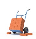 3d rendering of stack of red perforated bricks on blue hand truck with several bricks on ground. Royalty Free Stock Photo