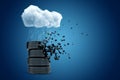 3d rendering of stack of tyres standing under white raining cloud on blue copyspace background.