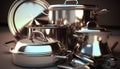 3d rendering of stainless steel cooking pots and pans in a kitchen