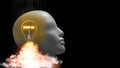 3D Rendering of start up light bulb in cyborg`s head lifting off from ground like rocket.