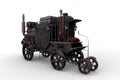 3D rendering of a Steampunk style steam powered carriage with luggage on top isolated on a white background