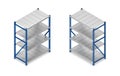 3d rendering of a steel grey-and-blue shelving unit in double-sided isometric view.