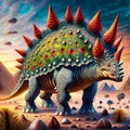 3D rendering of a stegosaurus dinosaur in a fantasy landscape Generative AI