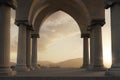 stoa hall with ionic columns and view to beautiful mountains