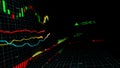 3D rendering of stock indexes in virtual space. Economic growth, recession