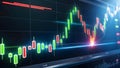 3D rendering of stock market graph and candlestick chart on digital screen