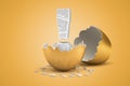 3d rendering of stone exclamation mark that just hatched out from golden egg.