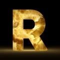 3D rendering stone onyx letter R isolated on black background. Signs and symbols. Alphabet luminous gemstone. Textured materials