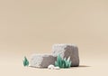 3D rendering stone platform podium product presentation with grass plant background