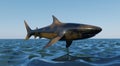 3D rendering. A stone shark soars over the sea, over water, illustration, background, picture, print