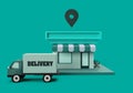 3d rendering of store and delivery truck and location sign on blue background. 3d minimal concept for marketing or shopping