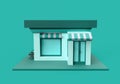 3d rendering of store or shop with bench on blue background. 3d minimal concept for market, cafe or advertising business