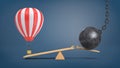 3d rendering of a striped air balloon hovers at a wooden seesaw overweighing a wrecking ball that breaks the plank.