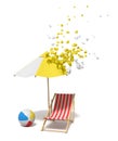 3d rendering of striped beach chair, wind ball, and beach sunbrella which is starting to dissolve into pieces from its Royalty Free Stock Photo