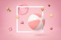 3d rendering of striped pink and white beach ball floating through square white frame on pink background with lots of