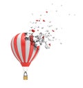 3d rendering of striped red and white hot-air balloon starting to disslove into pieces isolated on white background.