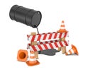 3d rendering of a striped roadblock sign beside several traffic cones and a barrel leaking oil on them from above.