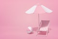 3d rendering of striped white and yogurt pink beach umbrella, beach chair and beach ball on pink background with copy