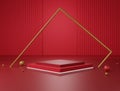 3d rendering studio with geometric shapes, modern red. Platforms for product presentation, mock up background. Minimal scene