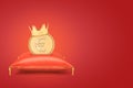 3d rendering of a stylized euro coin wearing a gold crown and standing on a red royal pillow on red backround with a lot